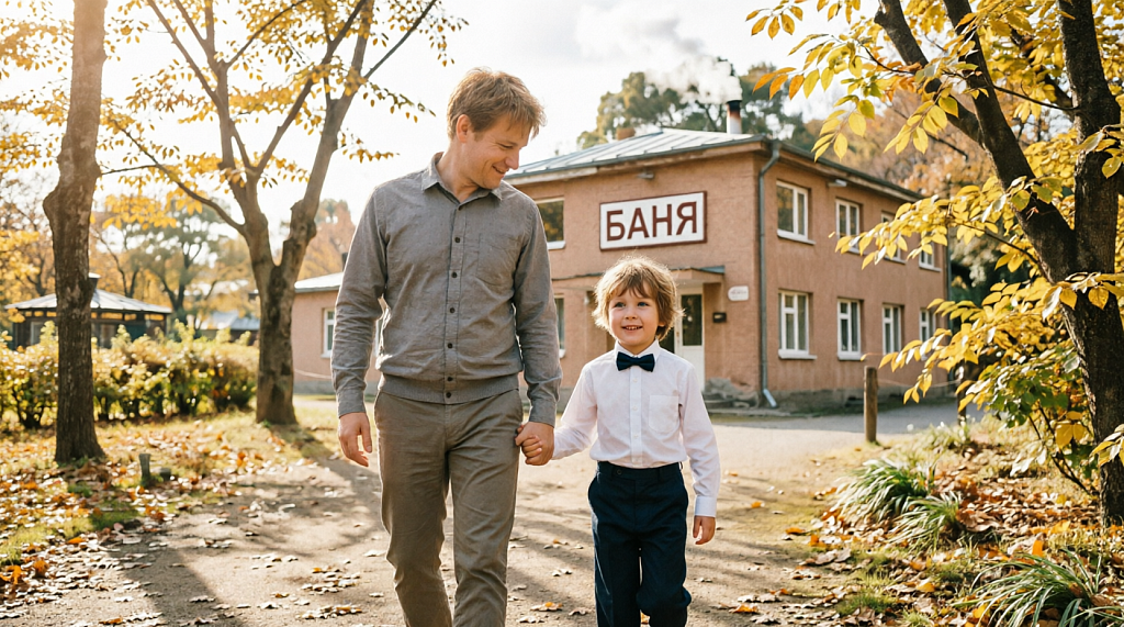 отец с сыном идут в общественную баню париться